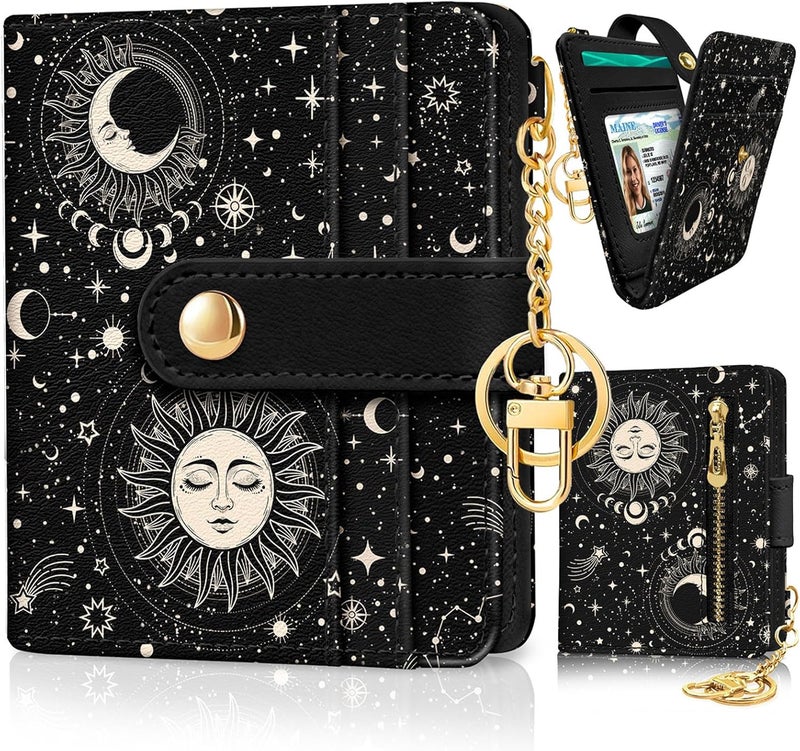 Jogjam Sun and Moon Rfid Women Wallet, Small Slim Thin Credit Card Wallet, PU Leather Bifold Cash Zipper Coin Pocket ID Window for Female Ladies Teen Girls Girly - Image 1